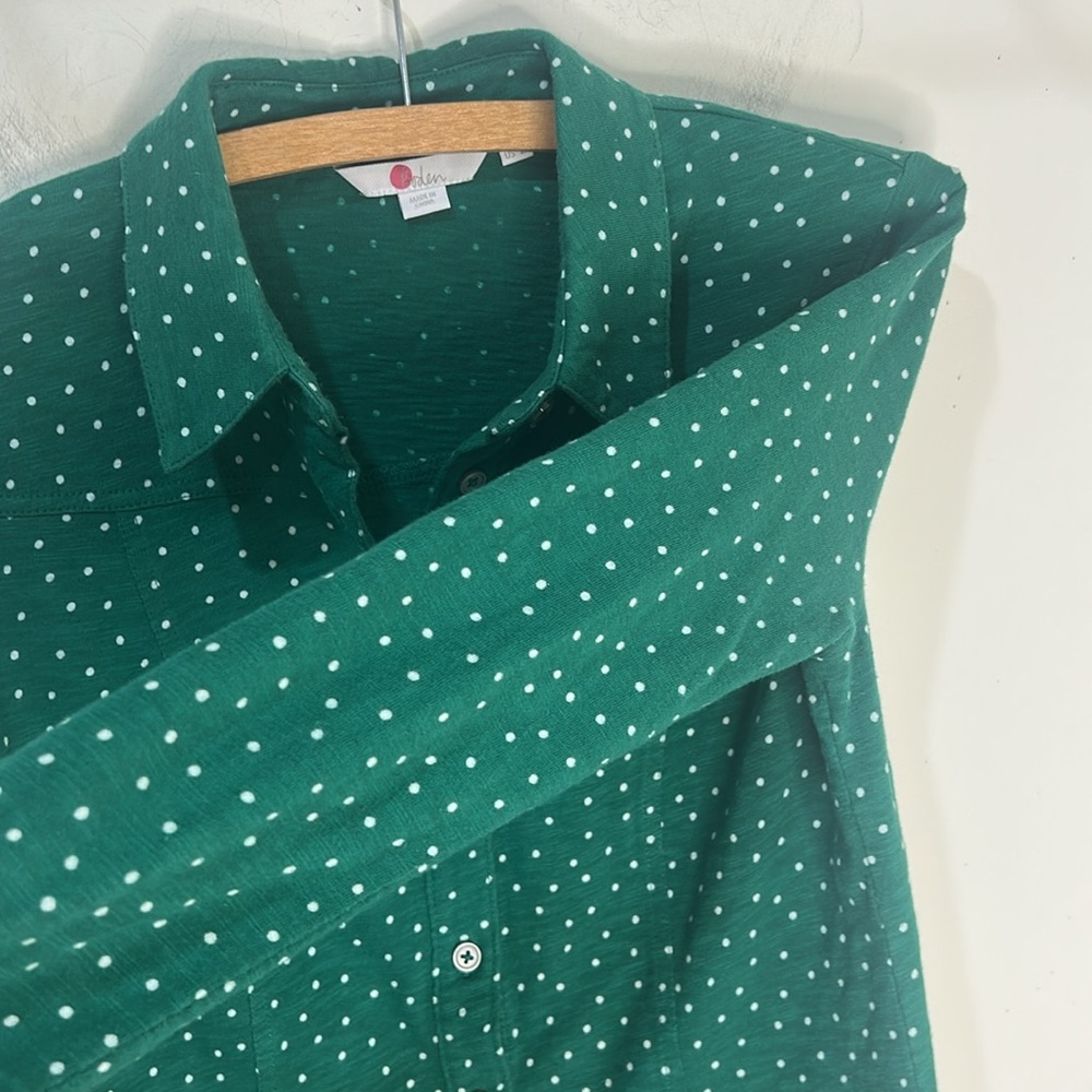BODEN Tara Jersey Button Down Collared Shirt Green Polka Dot Size 2 Petite - Picture 9 of 12